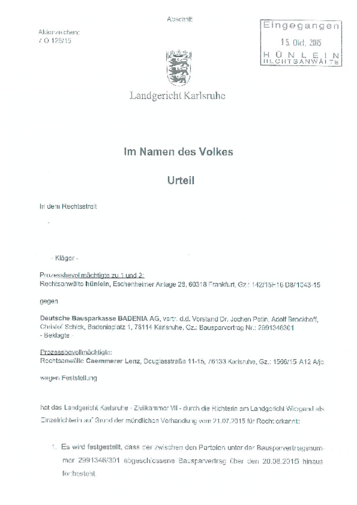 LG Karlsruhe, Urteil vom 9.Oktober 2015, AZ 7 O 126/15
