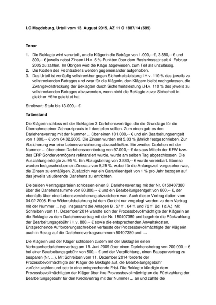 LG Magdeburg, Urteil vom 13. August 2015, AZ 11 O 1887/14 (689)