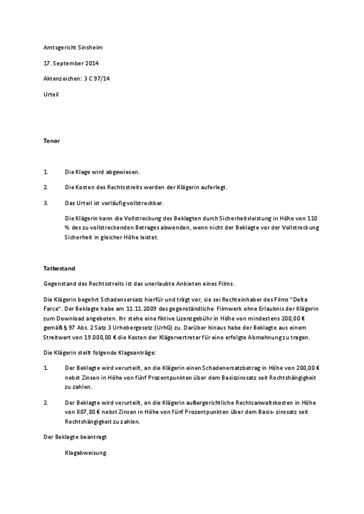 Urteil AG Sinsheim 17.09.2014 (3 C 97/14 ) Filesharing
